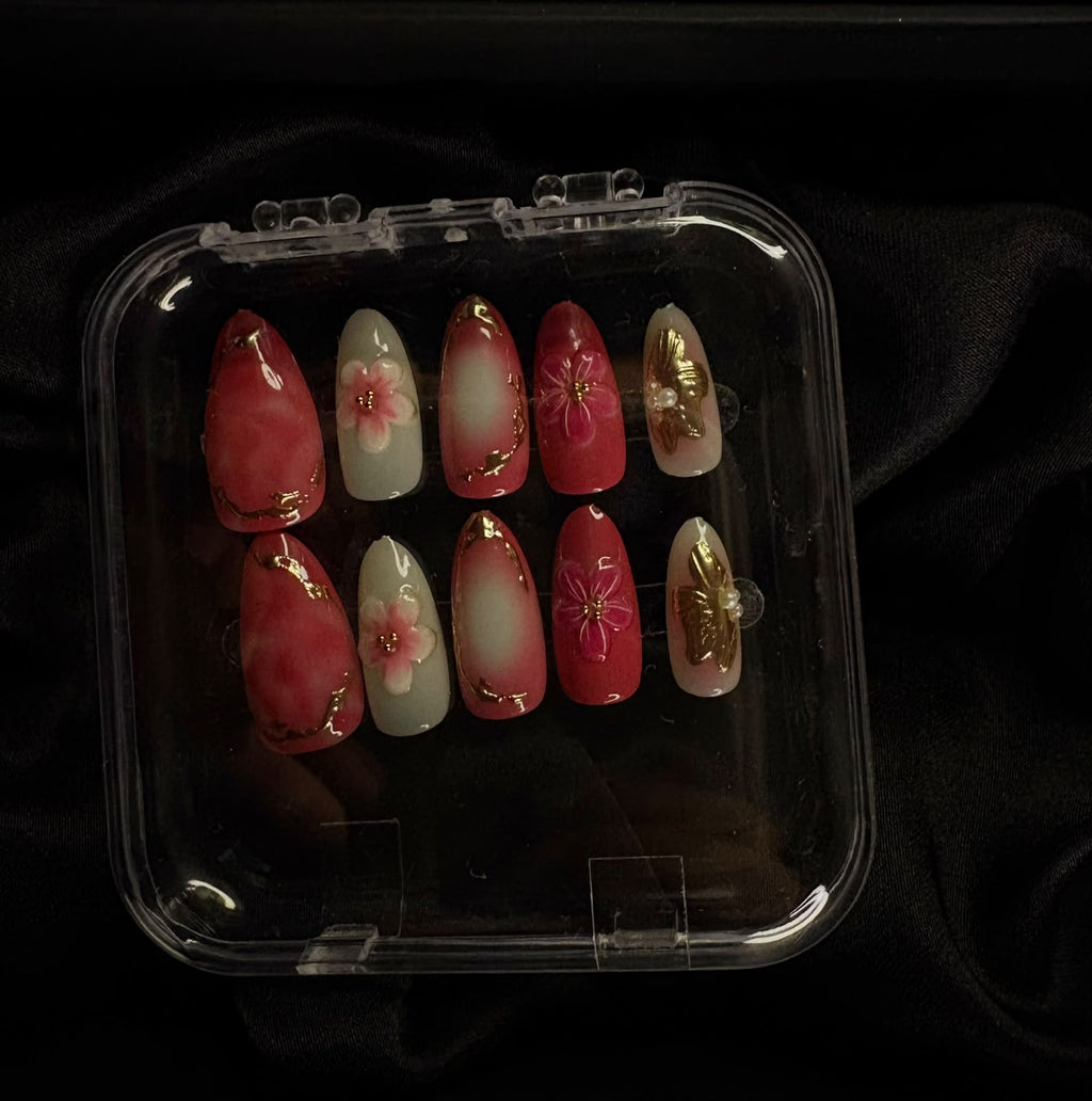 Luxury Red Floral 3D Press-On Nails – Golden Elegance