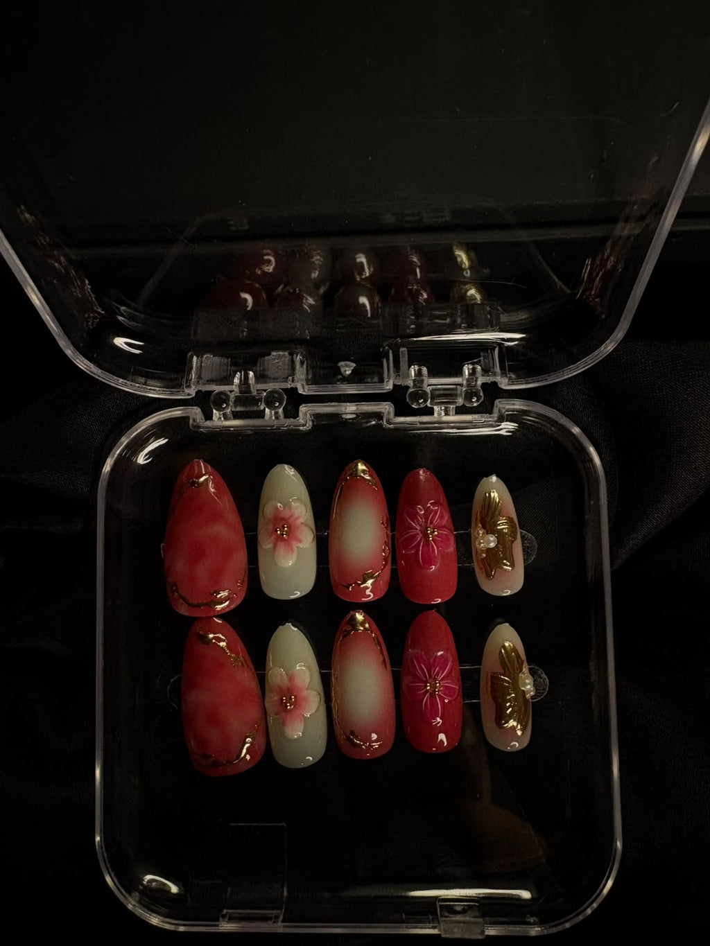 Luxury Red Floral 3D Press-On Nails – Golden Elegance