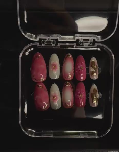 Luxury Red Floral 3D Press-On Nails – Golden Elegance